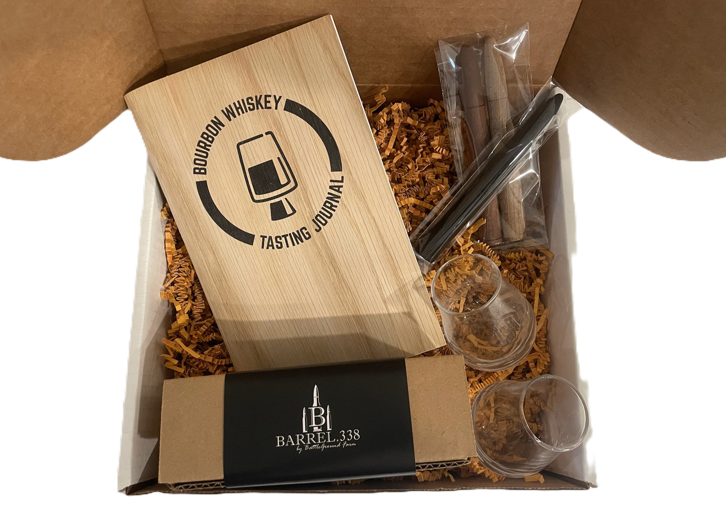 Handmade Bourbon Journal Gift Box with Tasting Glasses and Bourbon Staves