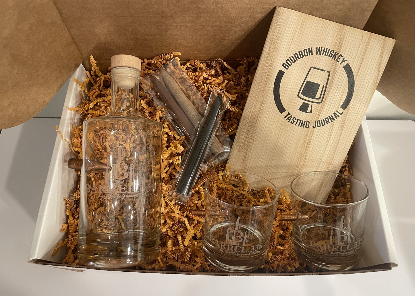 Premium Decanter Gift Box with Rocks Glasses and Handmade Journal.