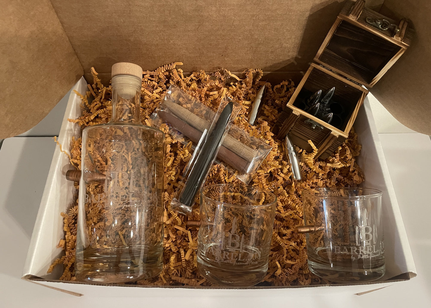 Premium Decanter Gift Box with Rocks Glasses and Steel Bourbon Stones.