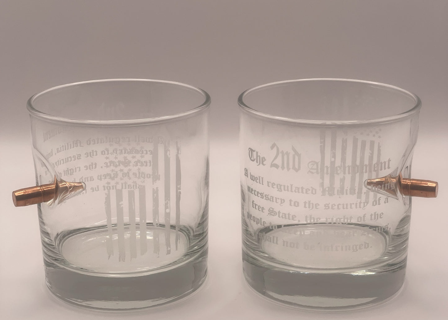 Quantity Two of 2nd Amendment Rocks Glasses with .308 Bullet Pressed in the Side.