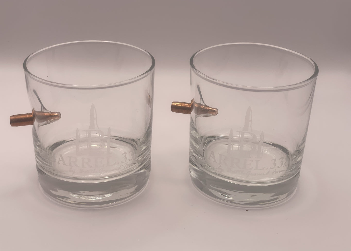 Quantity Two of BARREL.338 Rocks Glasses with .308 Bullet Pressed in the Side