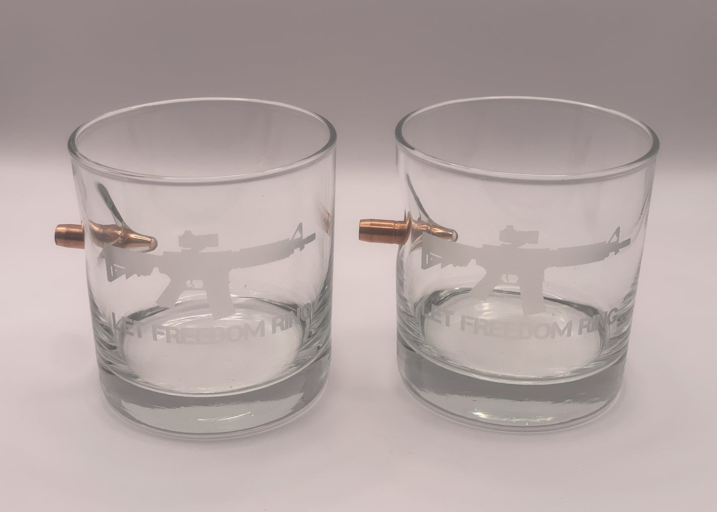 Quantity Two of Let Freedom Ring Rocks Glasses with .308 Bullet Pressed in the Side.