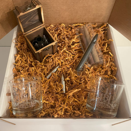 Stainless Steel Bourbon Stone Gift Box with Rocks Glasses and Bourbon Stave
