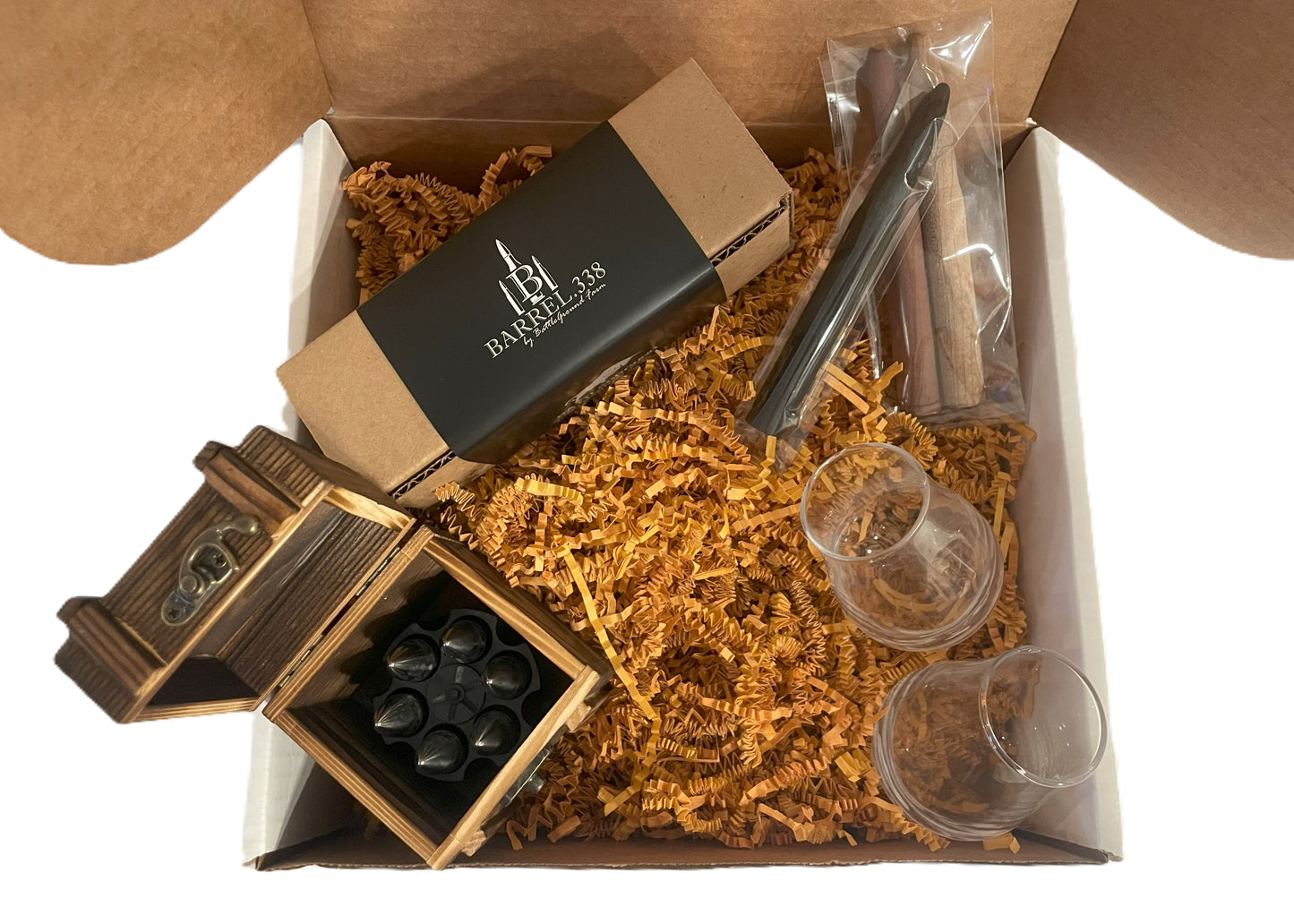 Stainless Steel Bourbon Stone Gift Box with Tasting Glasses and Bourbon Stave