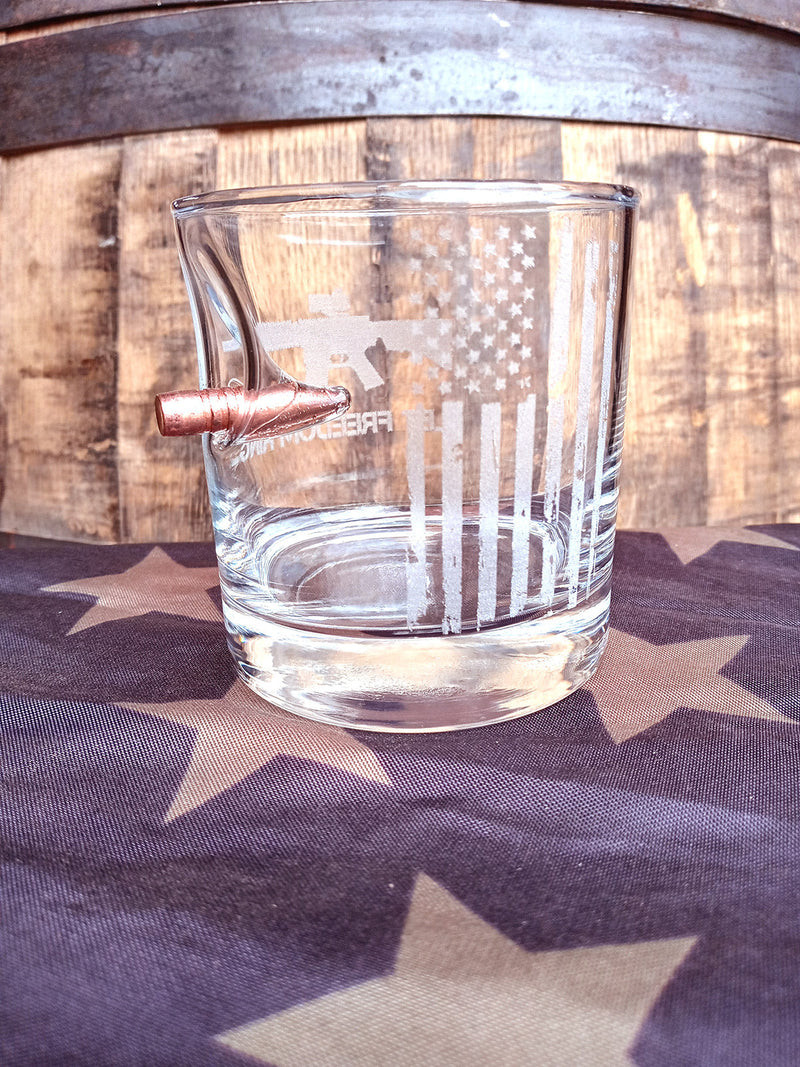 Whiskey Glass Set (2) Let Freedom Ring -11oz Rocks W/ 308 Bullet