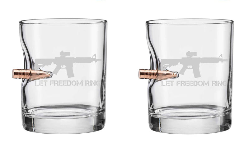 Whiskey Glass Set (2) Let Freedom Ring -11oz Rocks W/ 308 Bullet